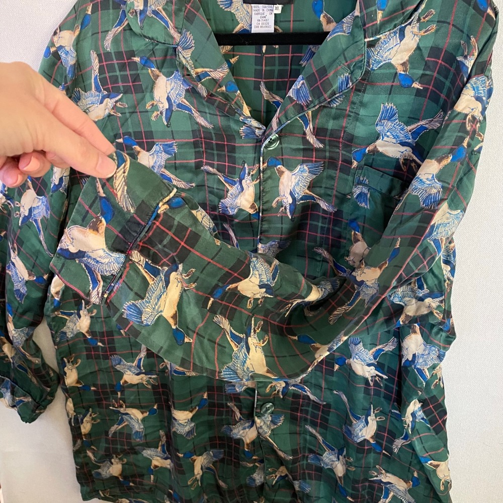 Joe Boxer Vintage 100% Silk Pajama Sleep shirt Green Plaid Mallard Duck Print - Picture 4 of 9